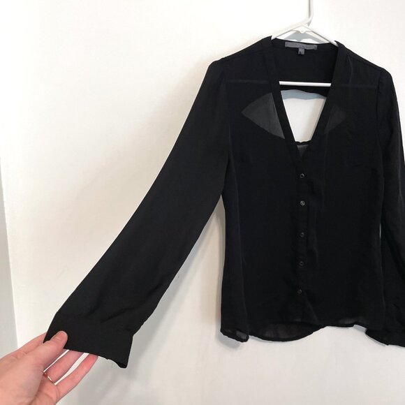 GUESS Black Chiffon V-Neck Long Sleeve Cutout Back Y2K Button Down Shirt Blouse - Picture 7 of 15